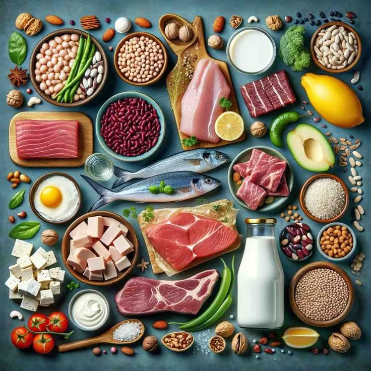 alimentos-ricos-em-vitamina-b12 mesa cheia de alguns alimentos ricos em vitamina B12 como as carnes, ovos, frangos e laticínios